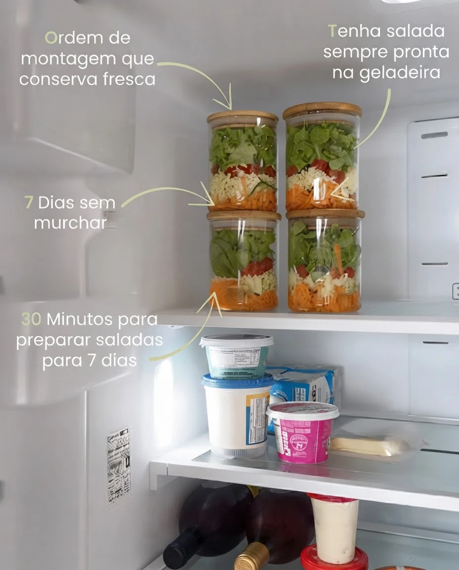 Potes de salada organizados na geladeira