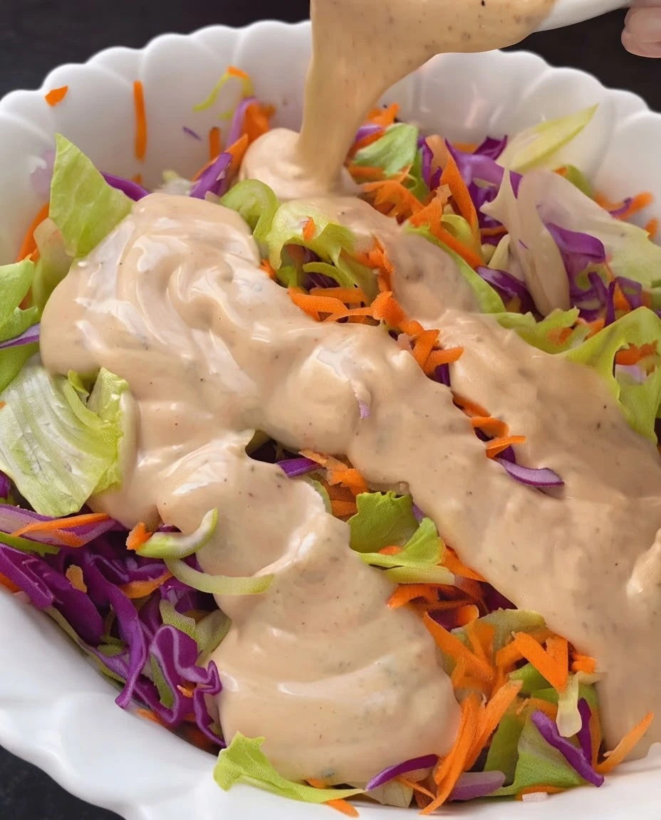 Molho rosado sendo servido sobre salada